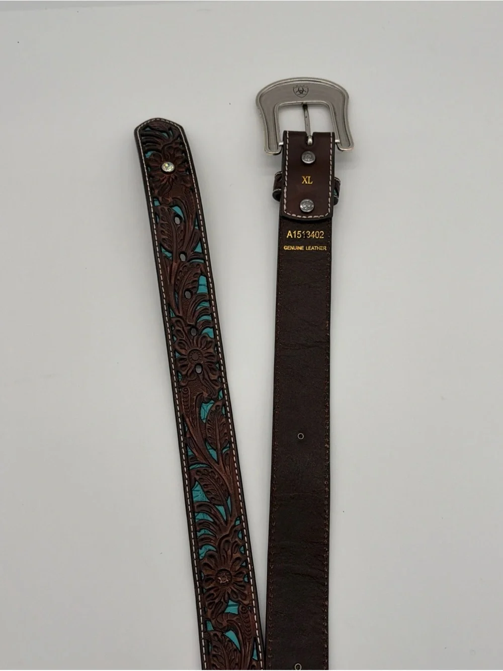 ARIAT Tooled Leather Turquoise Inlay WESTERN Brown Floral Belt Coastal Cowgirl